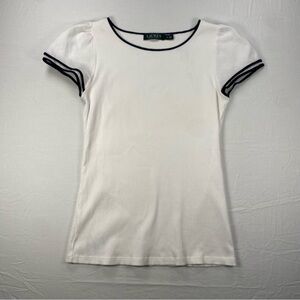 Ralph Lauren Women’s Knit Top Cap Sleeve White with Blue Trim Size Medium